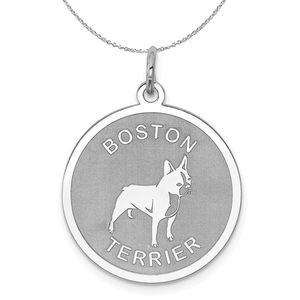 Sterling Silver Laser Etched Boston Terrier Dog 19mm Necklace - 18 In